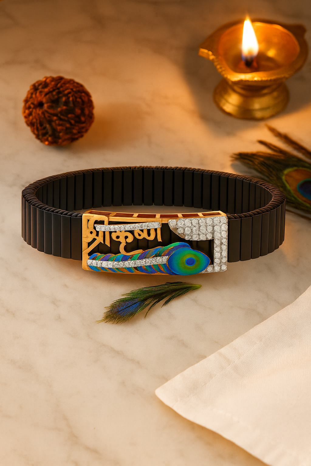 Krishna Peacock Feather Gents Bracelet Black & Rose Gold with Diamond Look Panel