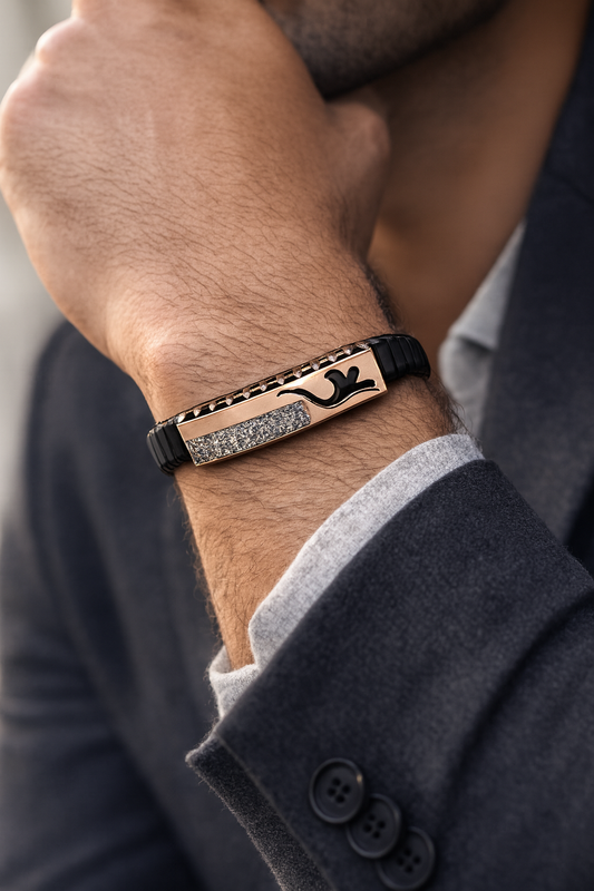 Modern Arrow Gents Bracelet Blue & Rose Gold with Diamond Look Strip