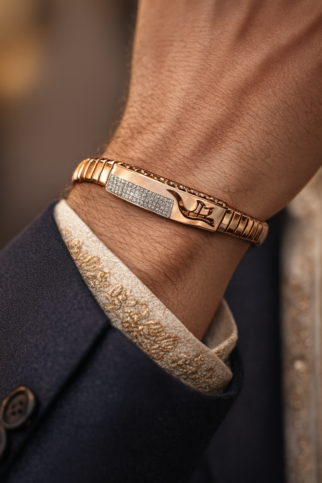 Modern Arrow Gents Bracelet Blue & Rose Gold with Diamond Look Strip