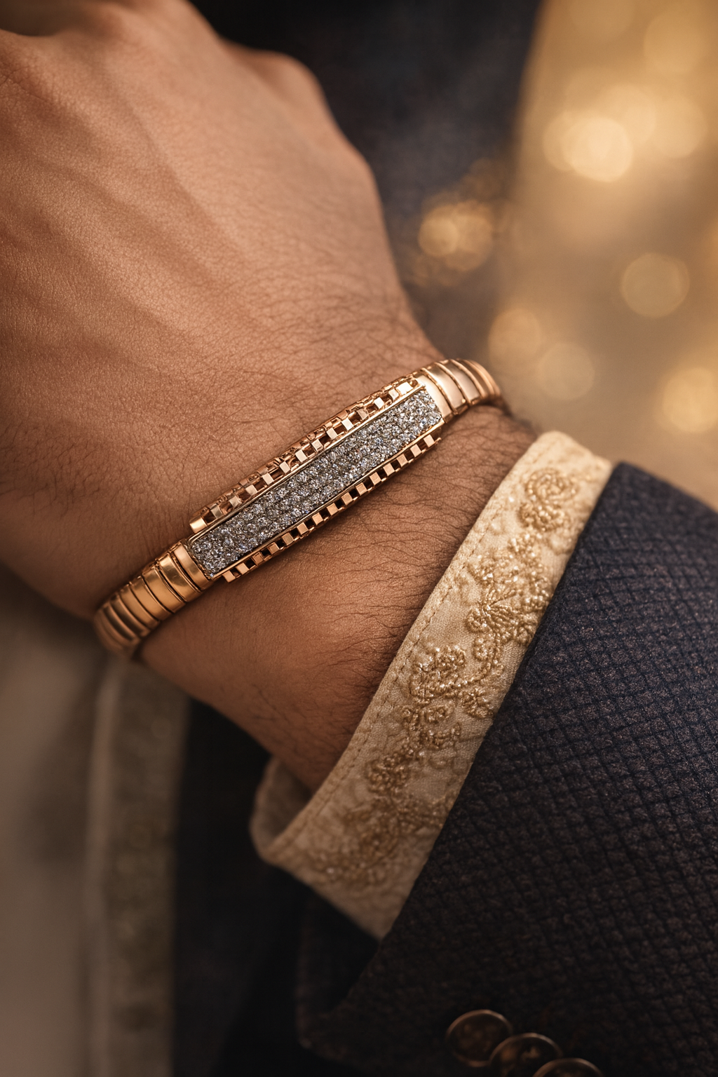 Classic Bar Gents Bracelet Blue & Rose Gold with Full Diamond Look Panel