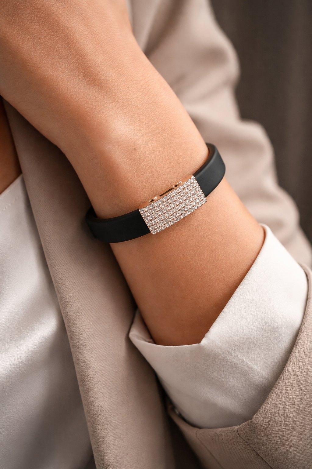 Luxury Minimal Brown Silicone Bracelet with Diamond Embedded Design