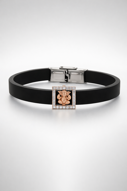 Luxury Spiritual Black Silicone Bracelet with Rose Gold Ganesha & Pave Diamonds