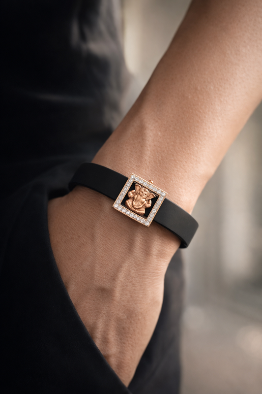 Luxury Spiritual Black Silicone Bracelet with Rose Gold Ganesha & Pave Diamonds