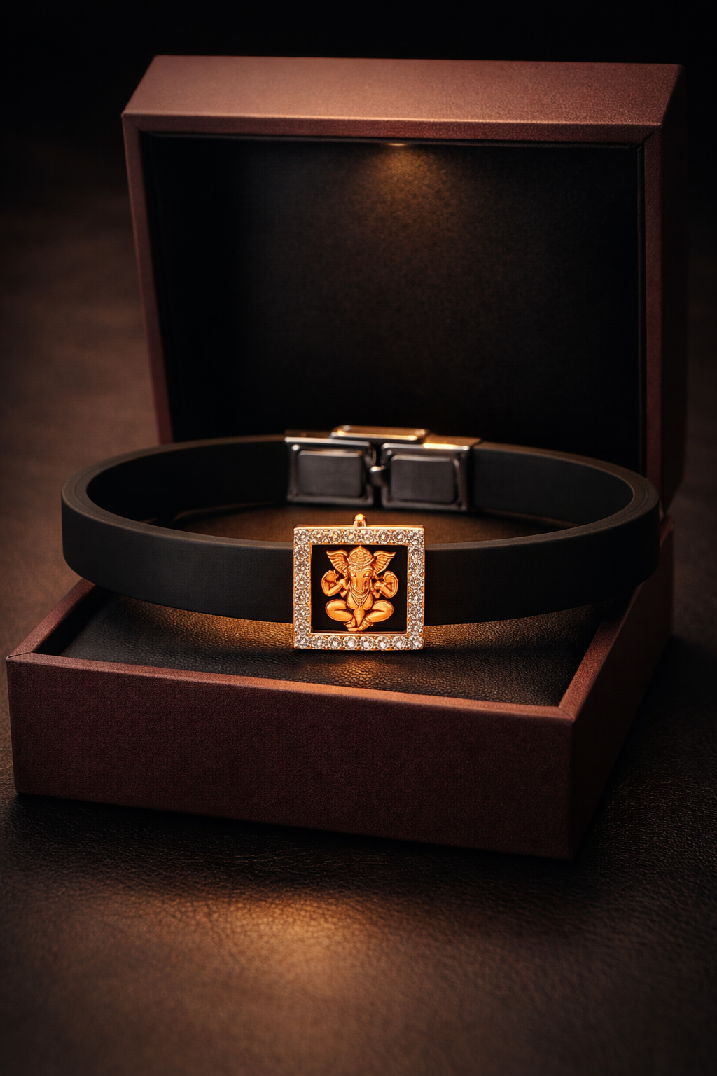Luxury Spiritual Black Silicone Bracelet with Rose Gold Ganesha & Pave Diamonds