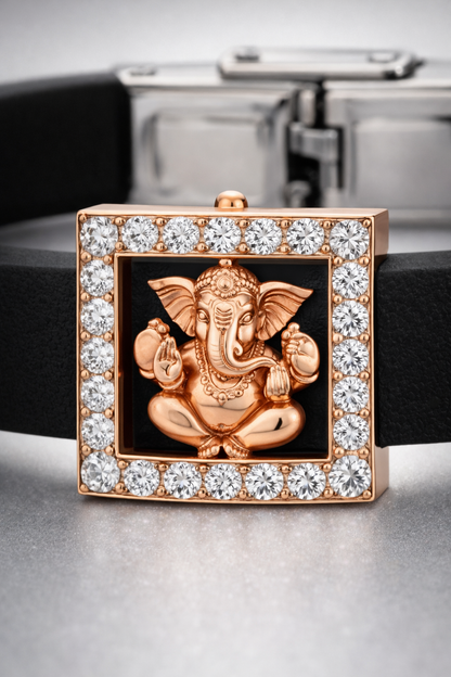 Luxury Spiritual Black Silicone Bracelet with Rose Gold Ganesha & Pave Diamonds