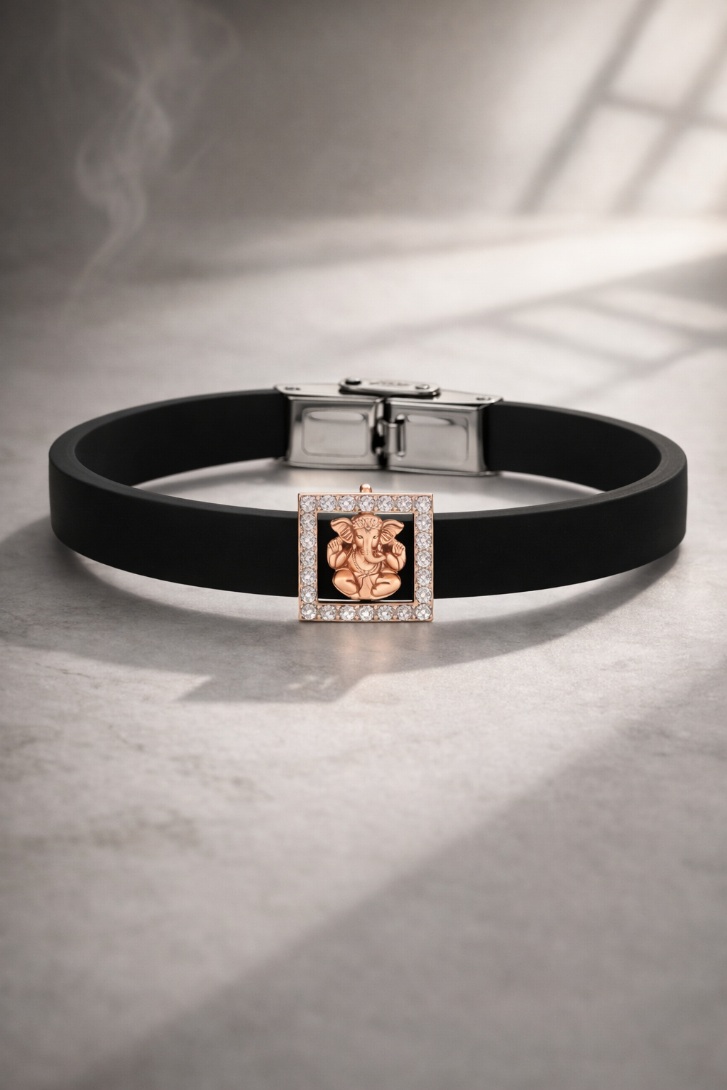 Luxury Spiritual Black Silicone Bracelet with Rose Gold Ganesha & Pave Diamonds