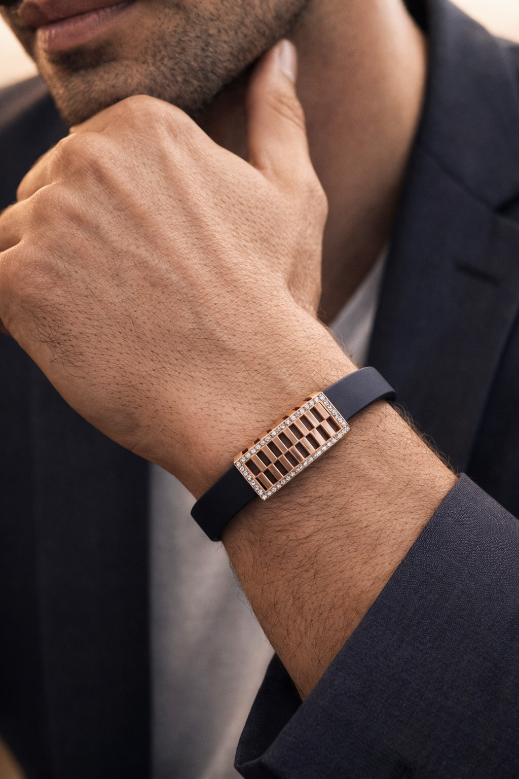 Premium Black Silicon Bracelet with Rose Gold Diamond Rectangular Motif