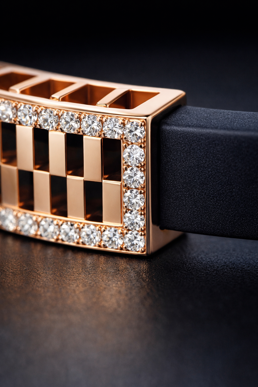 Premium Black Silicon Bracelet with Rose Gold Diamond Rectangular Motif