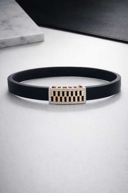 Premium Black Silicon Bracelet with Rose Gold Diamond Rectangular Motif