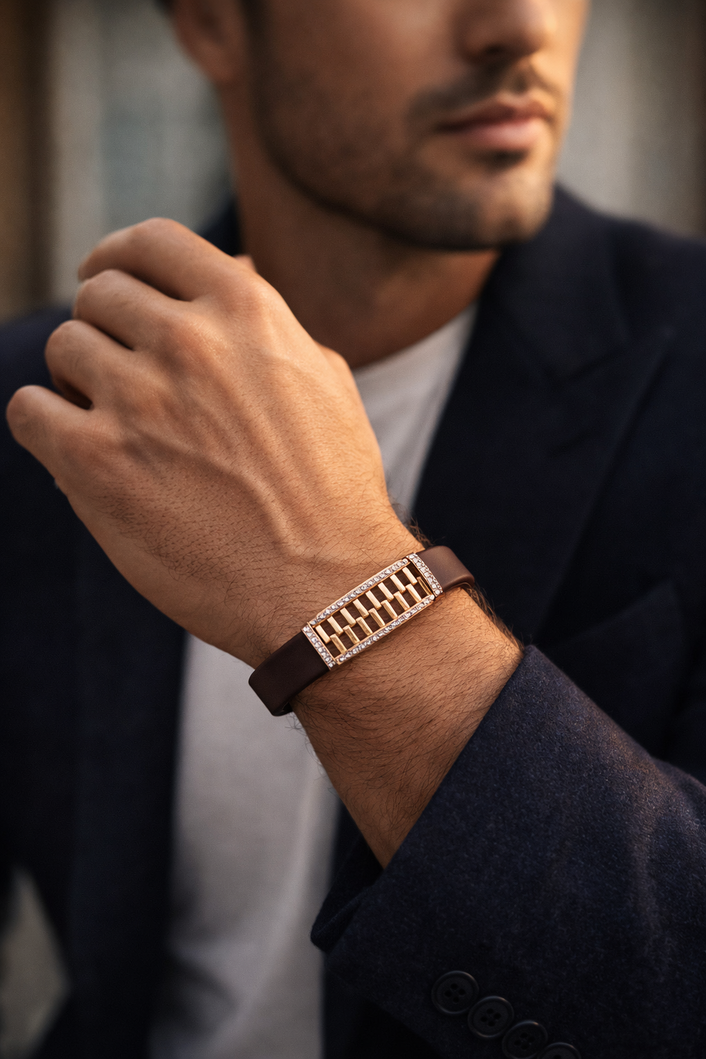 Premium Black Silicon Bracelet with Rose Gold Diamond Rectangular Motif