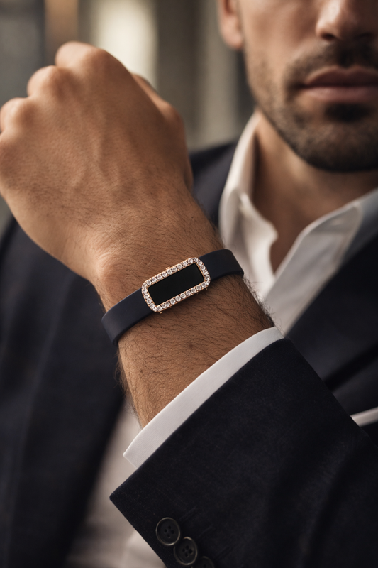 Elegant Navy Silicone Bracelet with Rose Gold Pave Diamond Border