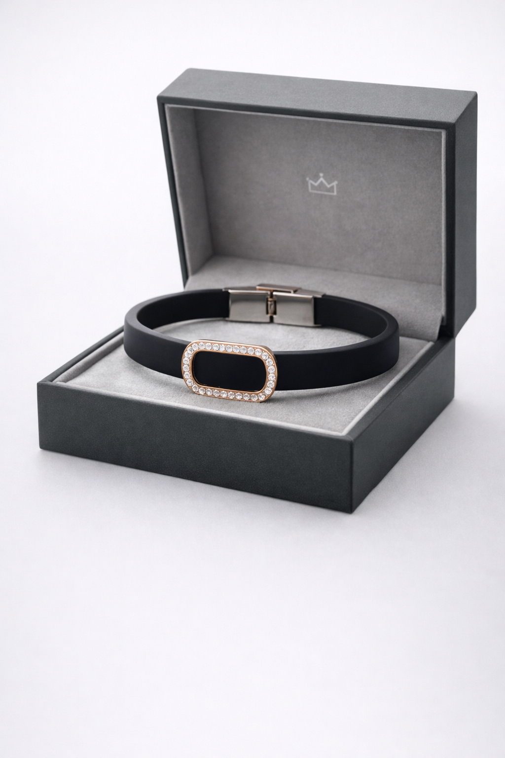 Elegant Navy Silicone Bracelet with Rose Gold Pave Diamond Border