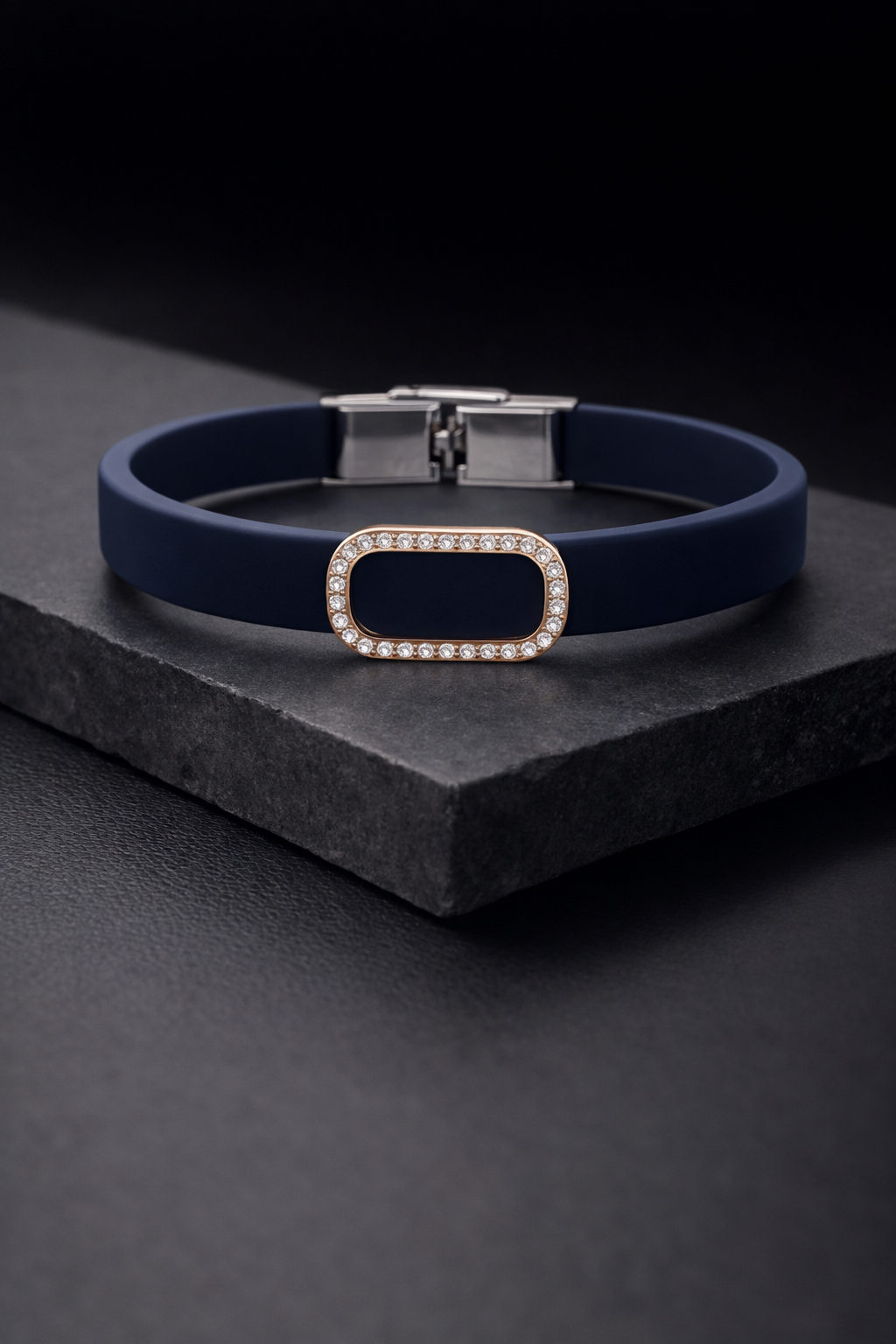 Elegant Navy Silicone Bracelet with Rose Gold Pave Diamond Border