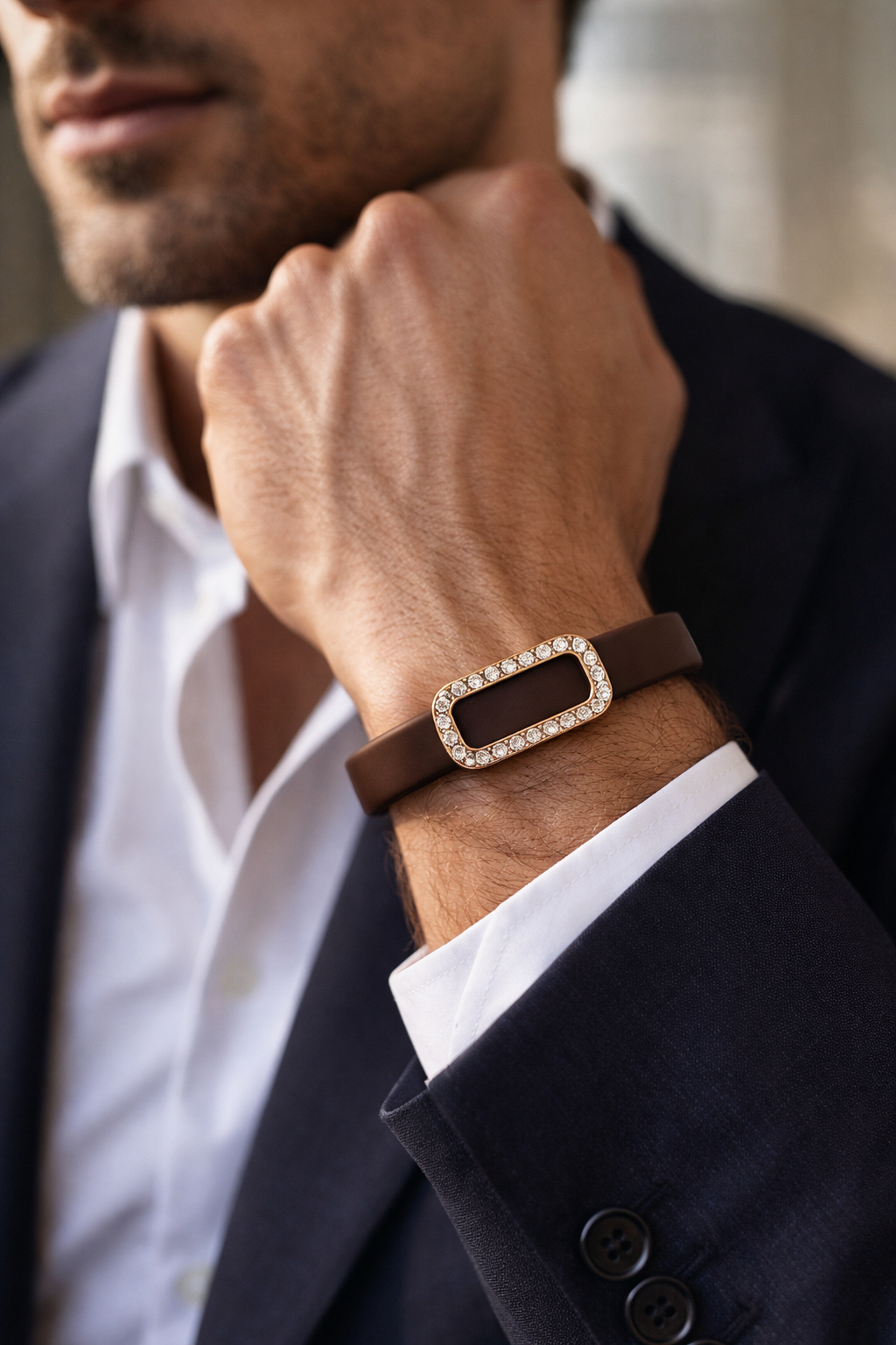 Elegant Navy Silicone Bracelet with Rose Gold Pave Diamond Border