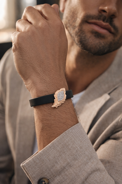 • Luxury navy blue Silicone Bracelet with Rose Gold Feather & Diamond Accent