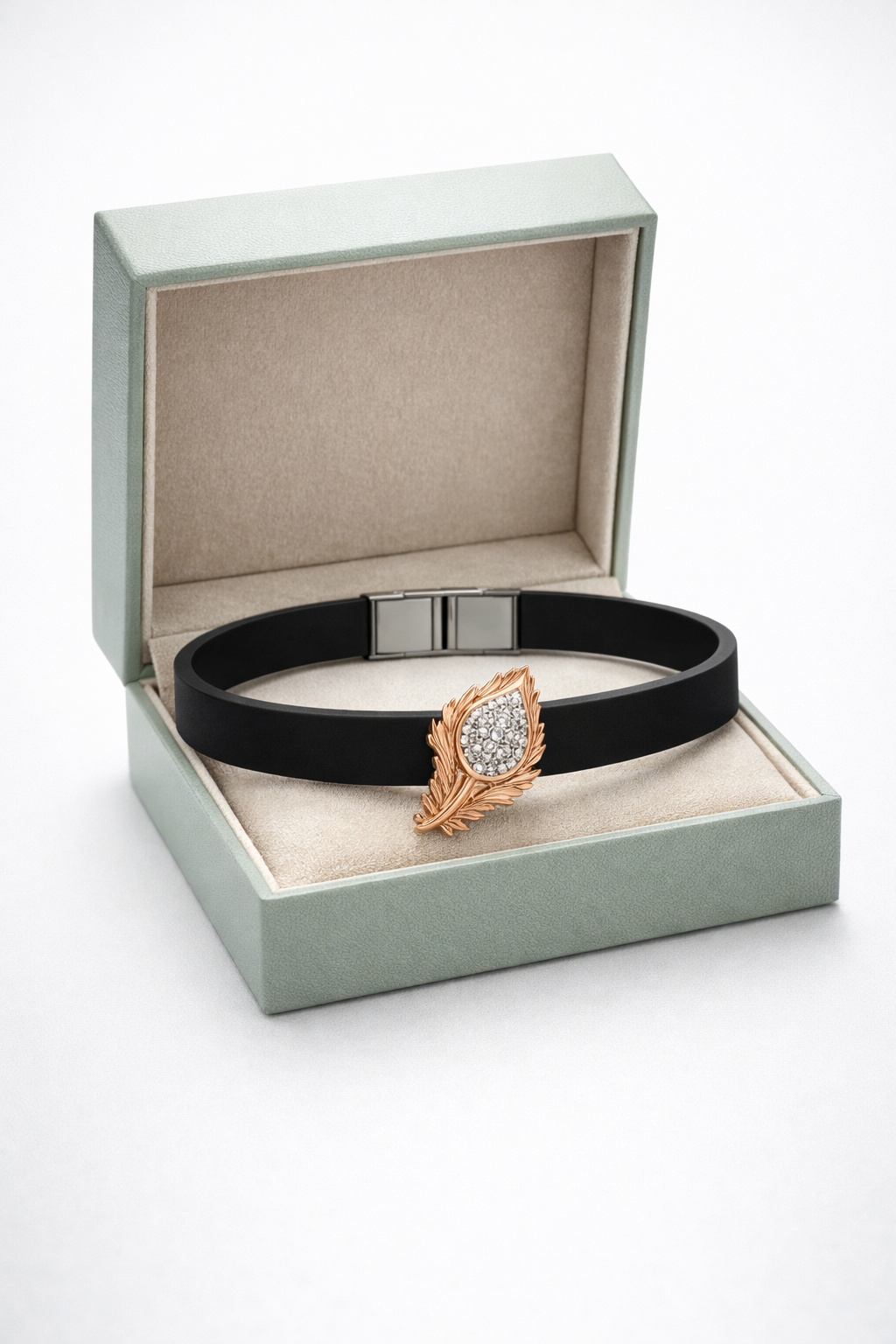 • Luxury navy blue Silicone Bracelet with Rose Gold Feather & Diamond Accent