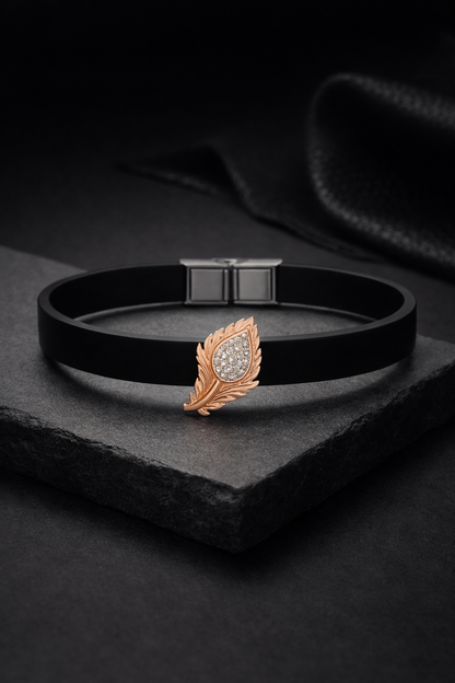 • Luxury navy blue Silicone Bracelet with Rose Gold Feather & Diamond Accent