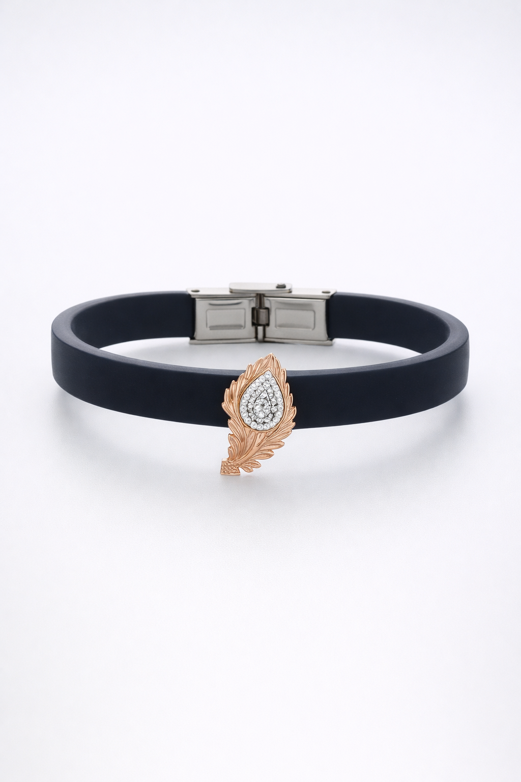 • Luxury navy blue Silicone Bracelet with Rose Gold Feather & Diamond Accent