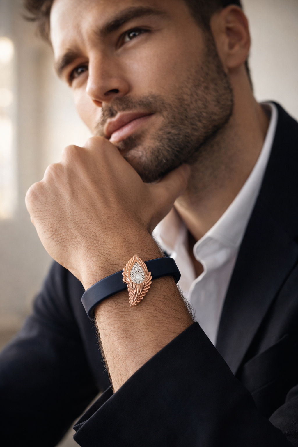 • Luxury navy blue Silicone Bracelet with Rose Gold Feather & Diamond Accent