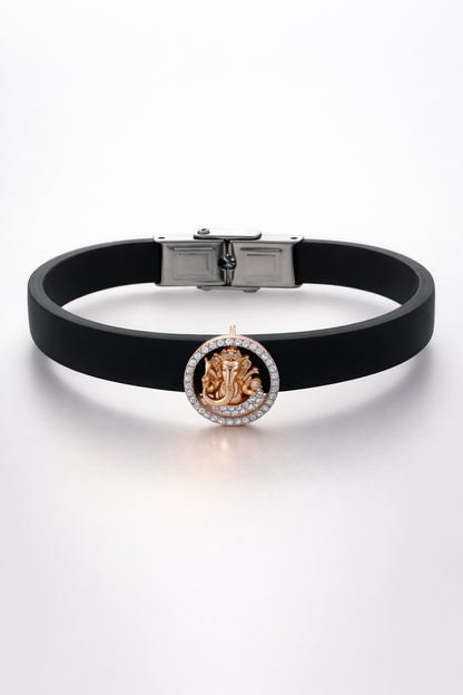 Premium Black Silicone Designer Bracelet with Rose Gold Ganesha & Diamond Circle