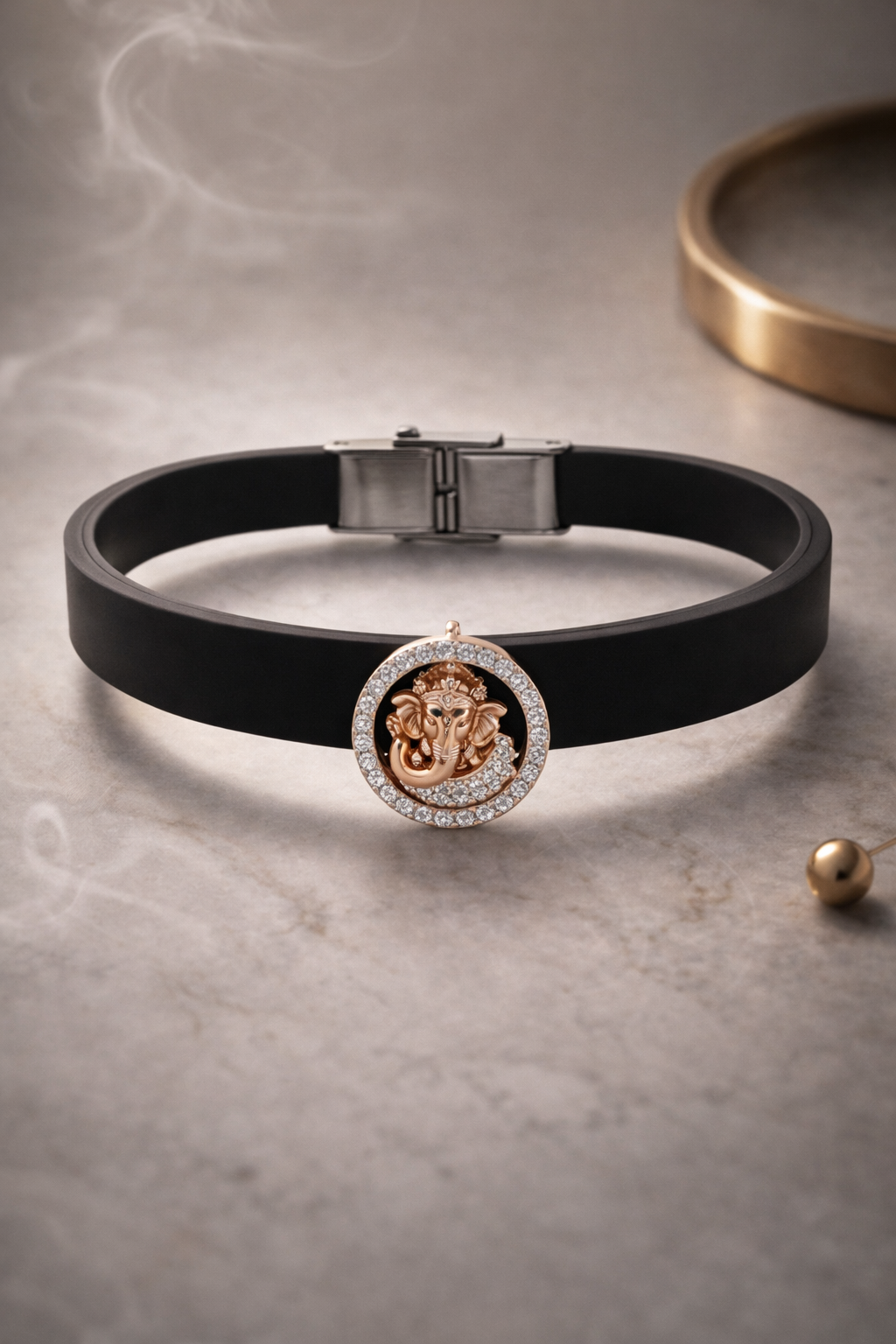 Premium Black Silicone Designer Bracelet with Rose Gold Ganesha & Diamond Circle