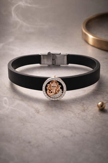 Premium Black Silicone Designer Bracelet with Rose Gold Ganesha & Diamond Circle