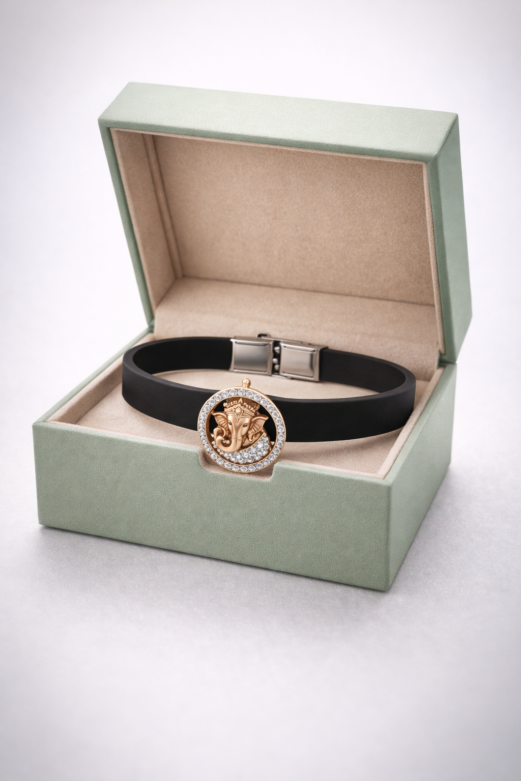 Premium Black Silicone Designer Bracelet with Rose Gold Ganesha & Diamond Circle