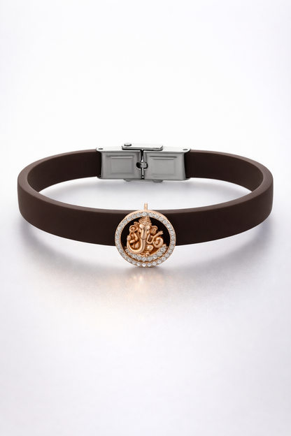 Premium Black Silicone Designer Bracelet with Rose Gold Ganesha & Diamond Circle