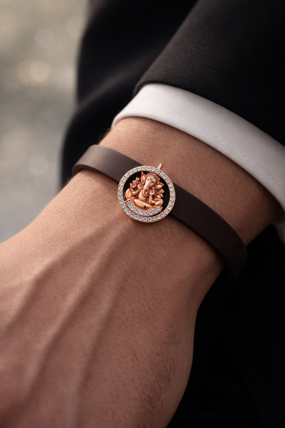 Premium Black Silicone Designer Bracelet with Rose Gold Ganesha & Diamond Circle