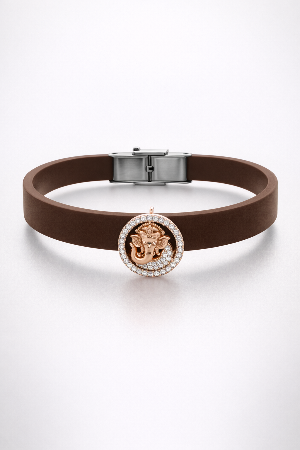 Premium Black Silicone Designer Bracelet with Rose Gold Ganesha & Diamond Circle
