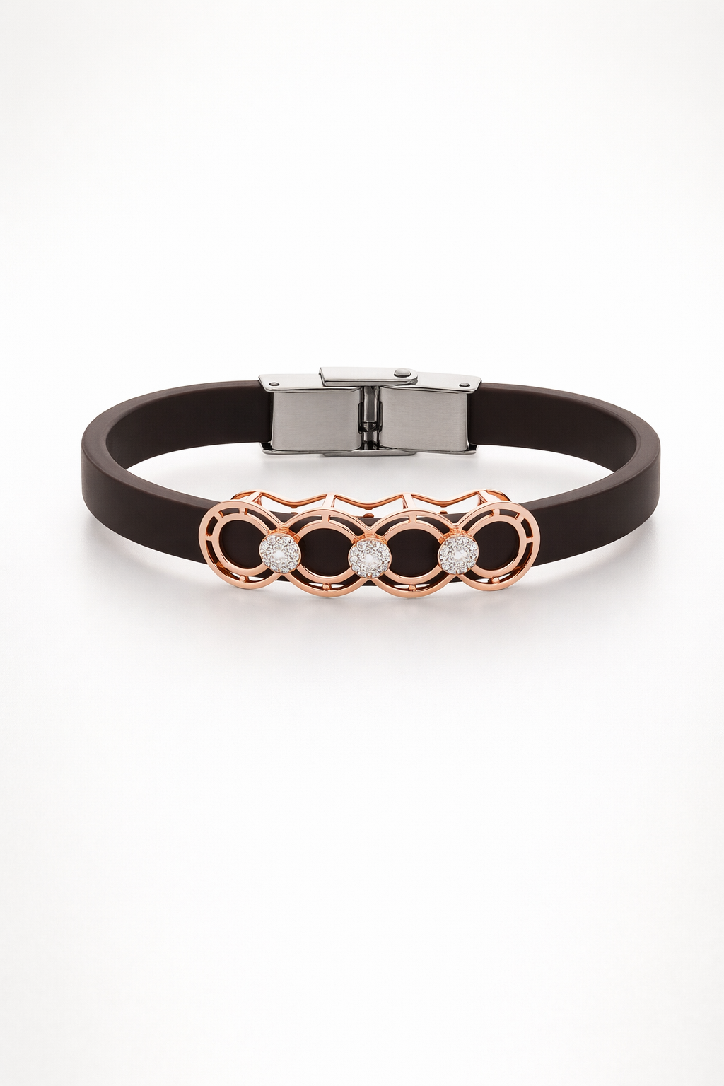 Premium Brown Silicone Designer Bracelet with Rose Gold Circle Diamond Motif