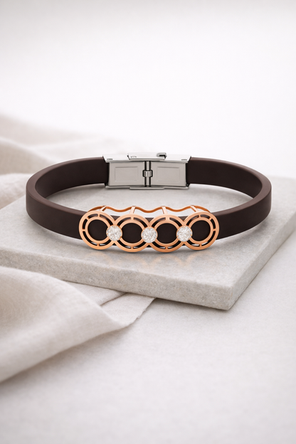 Premium Brown Silicone Designer Bracelet with Rose Gold Circle Diamond Motif