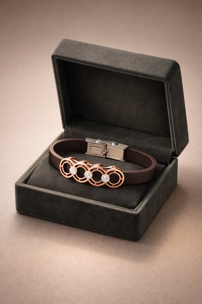 Premium Brown Silicone Designer Bracelet with Rose Gold Circle Diamond Motif
