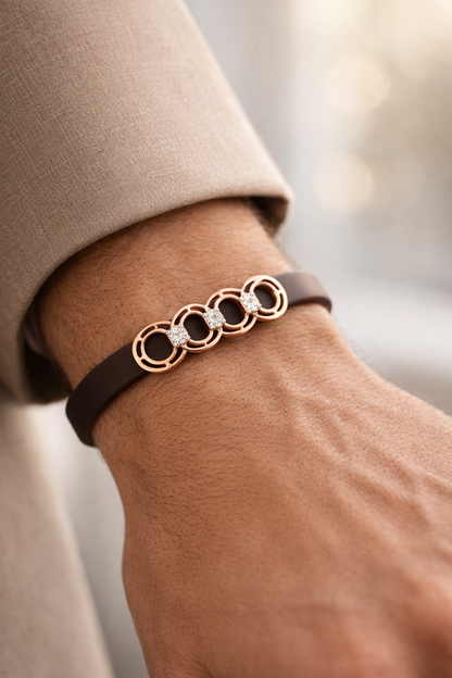 Premium Brown Silicone Designer Bracelet with Rose Gold Circle Diamond Motif