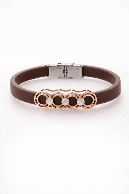 Premium Brown Silicone Designer Bracelet with Rose Gold Circle Diamond Motif
