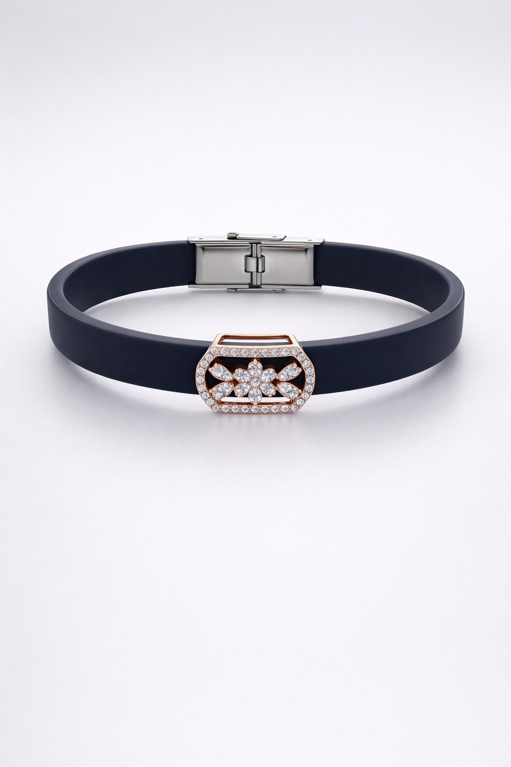 Luxury Navy Blue Silicone Bracelet with Rose Gold Floral Diamond Design