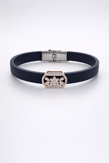 Luxury Navy Blue Silicone Bracelet with Rose Gold Floral Diamond Design
