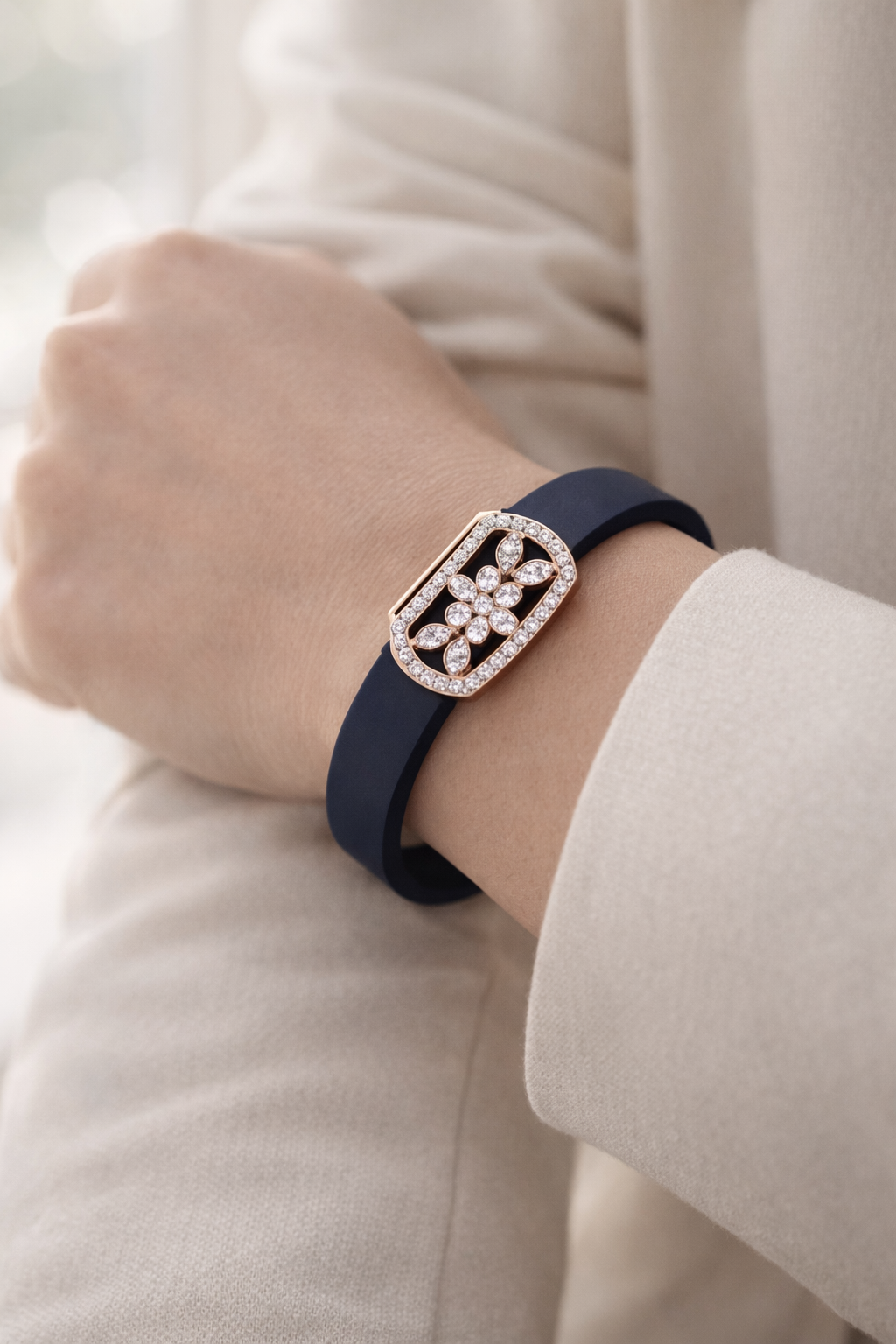 Luxury Navy Blue Silicone Bracelet with Rose Gold Floral Diamond Design