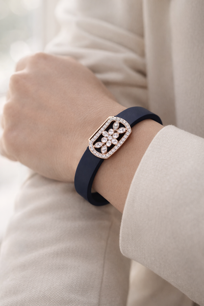 Luxury Navy Blue Silicone Bracelet with Rose Gold Floral Diamond Design