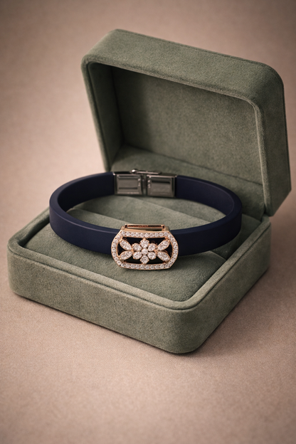 Luxury Navy Blue Silicone Bracelet with Rose Gold Floral Diamond Design