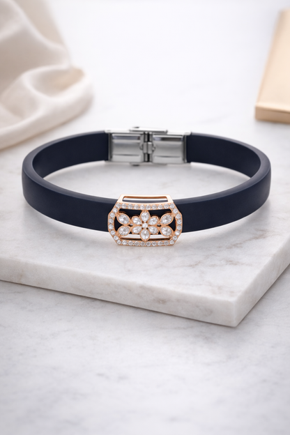 Luxury Navy Blue Silicone Bracelet with Rose Gold Floral Diamond Design