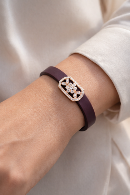Luxury Navy Blue Silicone Bracelet with Rose Gold Floral Diamond Design