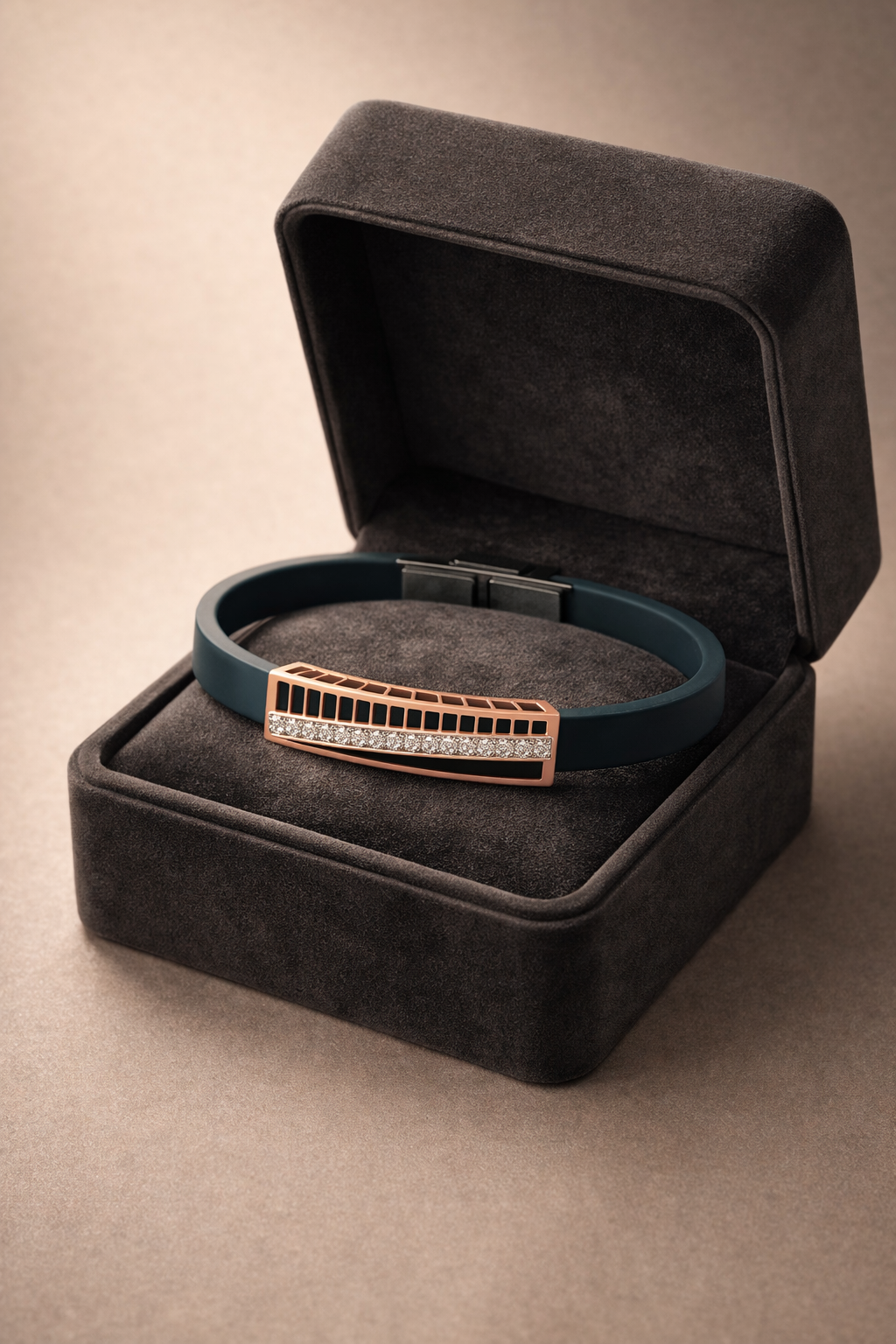 High-End Teal Silicone Bracelet with Rose Gold Rectangular Diamond Motif