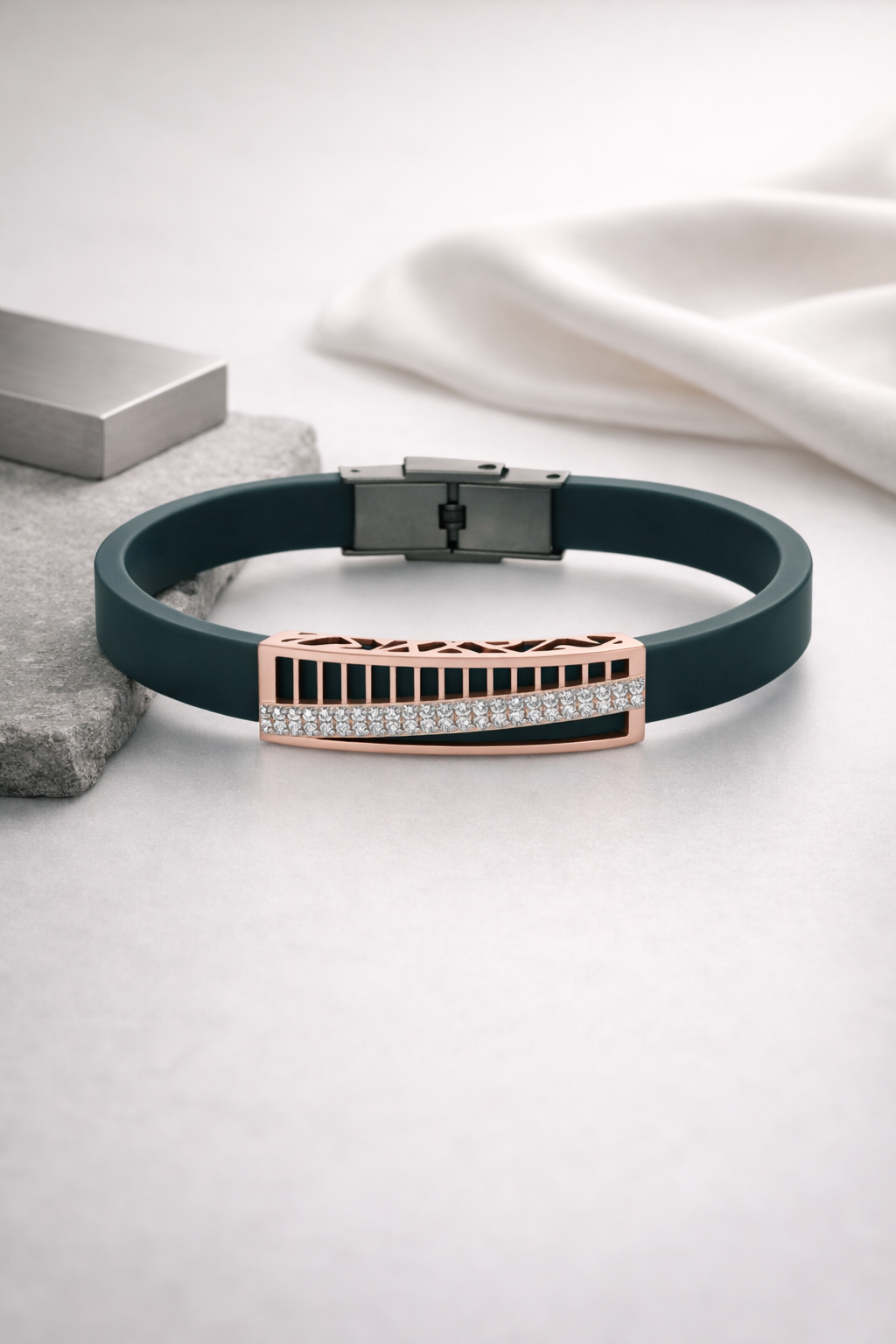 High-End Teal Silicone Bracelet with Rose Gold Rectangular Diamond Motif
