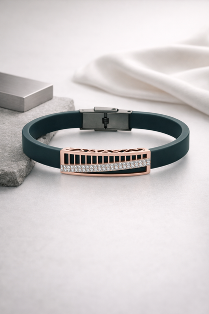 High-End Teal Silicone Bracelet with Rose Gold Rectangular Diamond Motif