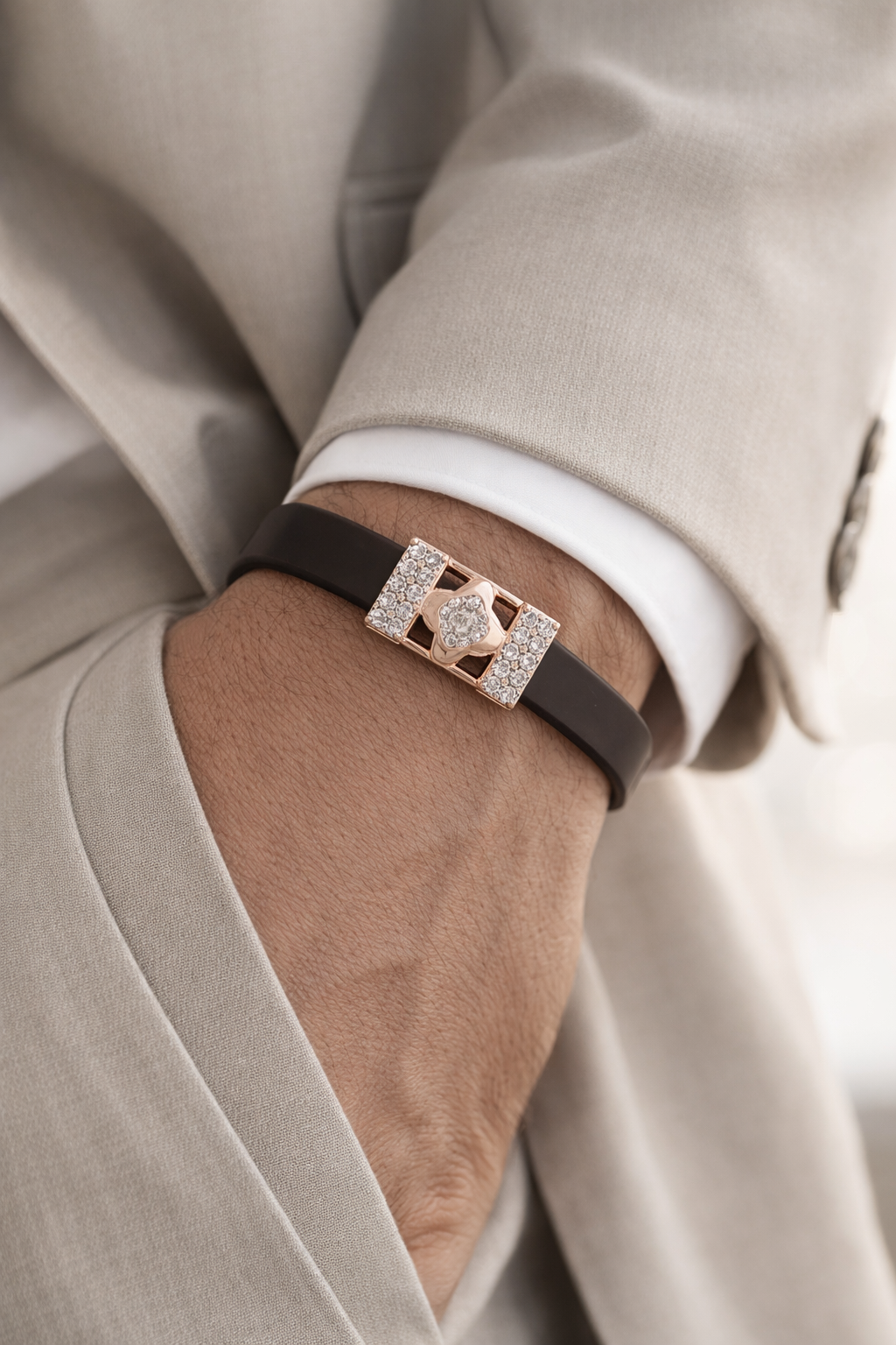 Premium Brown Silicone Designer Bracelet with Rose Gold Diamond Center