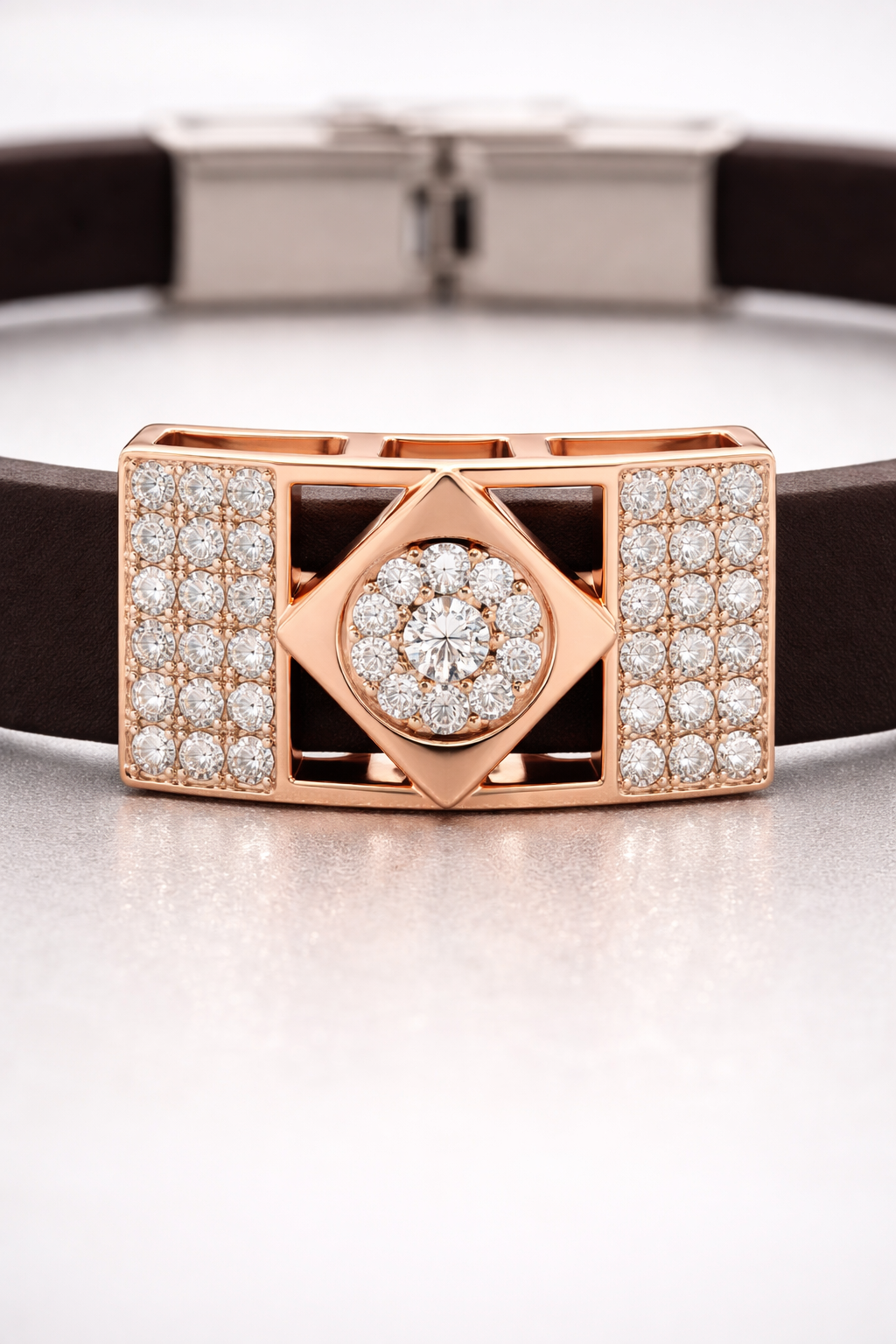 Premium Brown Silicone Designer Bracelet with Rose Gold Diamond Center