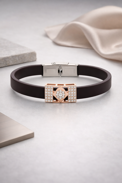 Premium Brown Silicone Designer Bracelet with Rose Gold Diamond Center