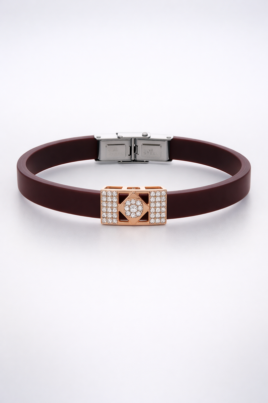 Premium Brown Silicone Designer Bracelet with Rose Gold Diamond Center