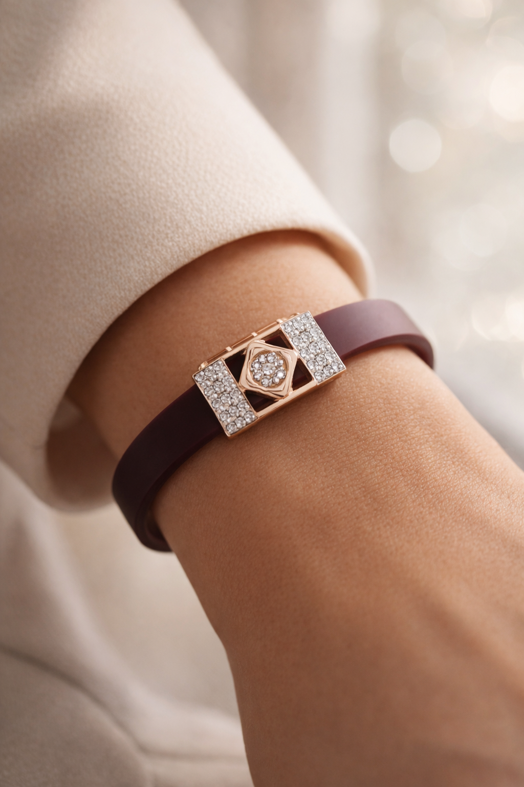 Premium Brown Silicone Designer Bracelet with Rose Gold Diamond Center